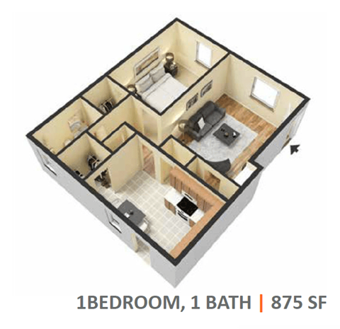 A 3D image of a 1 bedroom, 1 bathroom apartment with 875 square feet.